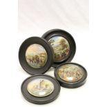 Four Prattware pot lids with wooden wall mount frames to include; Transplanting Rice & The Village