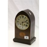 Lancet wooden key wind Mantle clock with inlaid Marquetry design to front