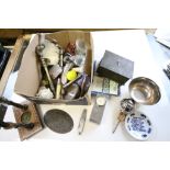 Box of mixed items to include a Pocket Watch stand, Arts & Crafts style brass box etc