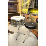 Premier Percussion Snare Drum on Folding Tripod Stand together with Pair of Drum Sticks and a