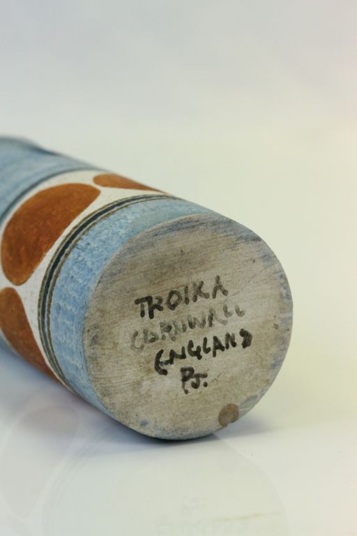 Troika cylindrical vase with pale blue, signed Troika Cornwall England PJ to base, hairline crack - Image 2 of 3