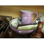 Early 20th century Purple Glazed Wash Bowl and Jug, Three Wade Bell's Whiskey Decanters, Moneybox