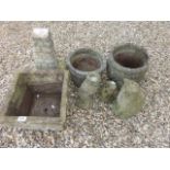 Collection of Stone Garden ornaments to include; Sun Dial stand, Cats, Planters