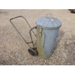 Large Galvanized metal Bin with hinged lid and wheeled Trolley etc