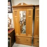 Edwardian Satin Walnut Wardrobe with Mirrored Single Door and Drawer below. Shaped Cornice to top