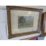 19th century Gilt Framed Watercolour English Landscape with Cattle in Stream