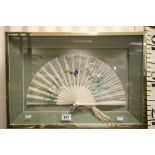 Framed & glazed Oriental Bone and Silk Fan with hand painted Pheasants