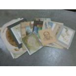 Folder containing numerous 19th century Watercolours, Portrait of Churchill, etc