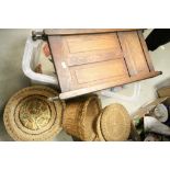 Two Vintage Wicker Sewing Boxes, Oak Folding Table Screen, Radley Style Cushion, Jockey Themed