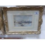 19th century Gilt Swept Framed Watercolour Continental Coastal Scene with Boats offshore