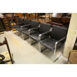 Set of Five Retro / Vintage Steel Framed Elbow Chairs with Black Leather Soft Padded Backs and Seats