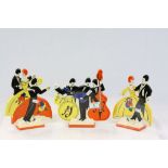 Group of three Chelsea Burslem Moorland Art Deco style dancers & musicians