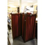 19th century Mahogany Three Fold Screen, each panel with turned finial's and struts, covered with