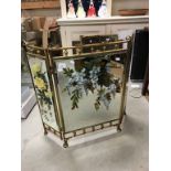 Victorian Gilt Brass Framed Triptych Firescreen, each mirrored panel with hand painted with floral