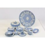 Collection of Thirteen Items of Wedgwood Blue Jasperware including Plates Lidded Trinket Boxes, etc