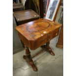 Victorian Walnut Veneer and Inlaid Sewing Table, the hinged top opening to reveal an interior fitted