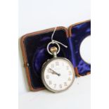 A chrome plated Goliath 8 day pocket watch in leather covered case, white enamel dial, luminous