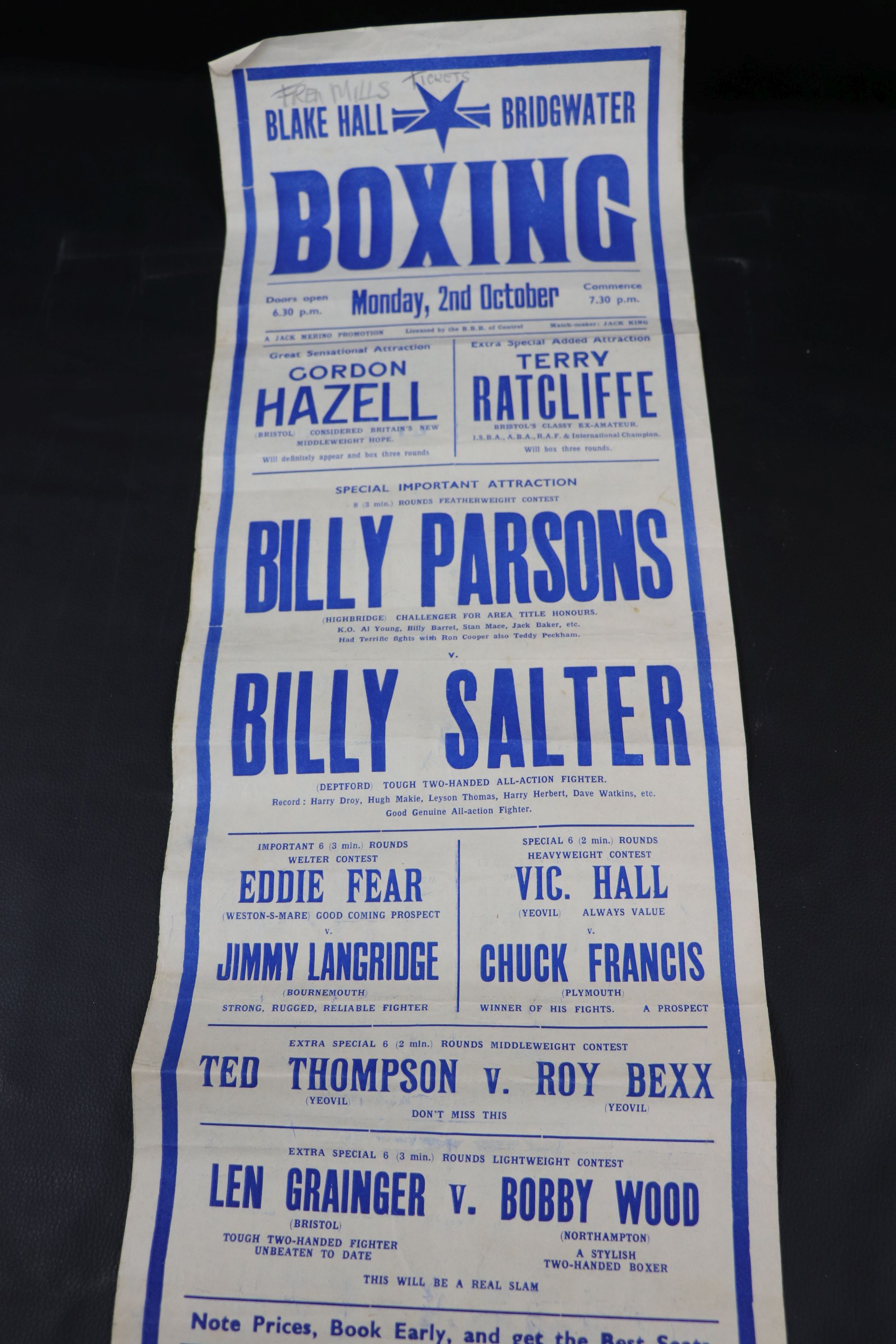 Boxing - Promotional poster, Blake Hall Bridgwater Monday 2 Oct probably 1950s, including Billy - Image 2 of 3