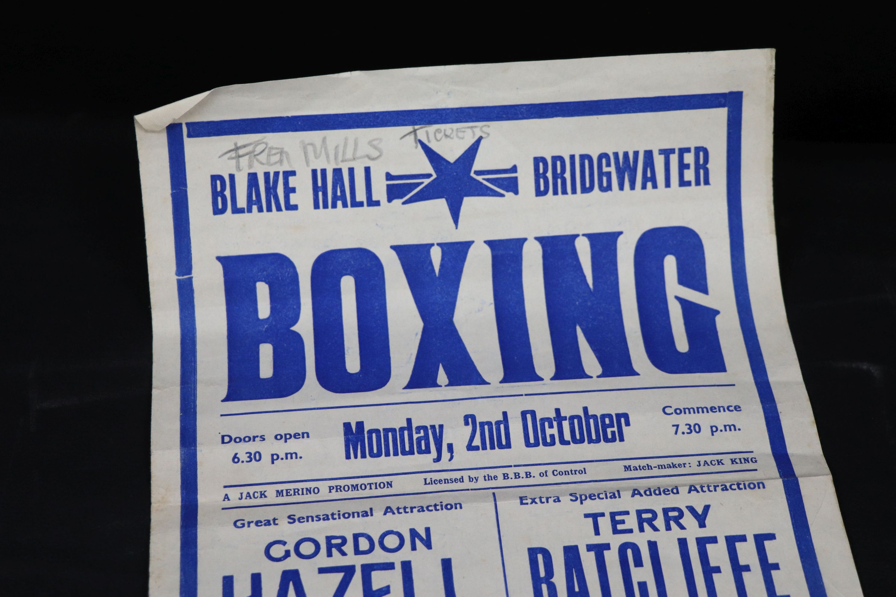 Boxing - Promotional poster, Blake Hall Bridgwater Monday 2 Oct probably 1950s, including Billy - Image 3 of 3