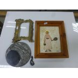 Two Art Nouveau style metal picture frames and a framed Oil on board of a woman with a tennis