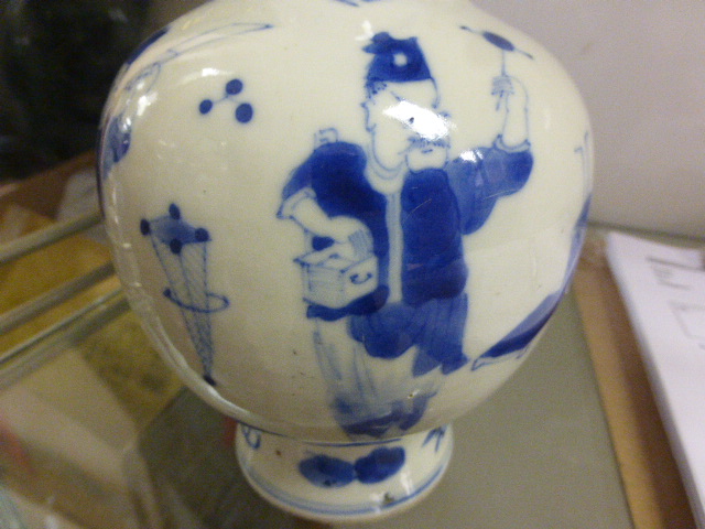 Two vintage Chinese blue & white Vases with Oriental figure decoration and four character marks to - Image 15 of 17