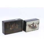 Two Lacquered Russian boxes with painted scenes to the lids, one of which was possibly a cigarette