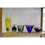 Collection of five Art glass items to include; Kosta Boda vase by B Vallien, Vas Vitreum Sweden bowl