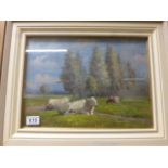Oil painting of a rural scene with cattle resting in a meadow