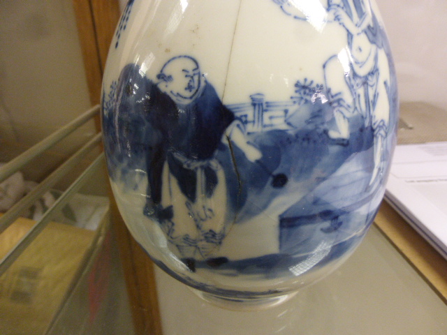 Two vintage Chinese blue & white Vases with Oriental figure decoration and four character marks to - Image 9 of 17