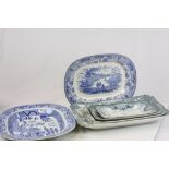 Collection of 19th Century Meat plates to include large blue & white Willow Pattern