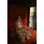 Mid 20th century Etched Glass Cocktail Shaker and Four Matching Glasses together with Three