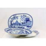 Three 19th Century blue & white Meat platters to include Willow pattern and an interesting one
