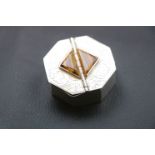 Tigers eye and silver double compartment hinged lid hexagonal trinket pot, engraved foliate