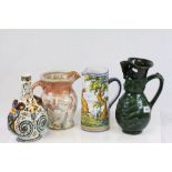 Four vintage Studio pottery items to include; Gien Vase with Mythological decoration & three jugs to