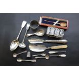 Siam silver bracelet, silver thimble, silver salt spoons, Russian silver spoon, Victorian fiddle