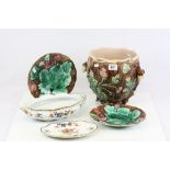 Two Majolica plates, a Majolica Jardiniere pot and a ceramic tureen with stand