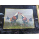 Gilt framed oil painting study of fighting cockerels, with Verre Eglomise mount