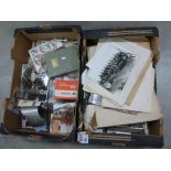 Two boxes of vintage Glass slides, photographs including Military, postcards, Stereocard viewer,