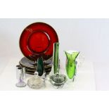 Box of mixed glassware to include a set of six Ruby glass plates with gilt decoration, vases etc and