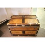 Large 19th century Wooden and Iron Bound Seaman's Style Travelling Trunk with Brass Strapping and