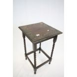 Early 20th century Carved Oak Square Occasional Table with Barley Twist Legs