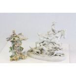 Continental ceramic vase with Sea theme and a porcelain Hunting theme centrepiece with rider & dogs