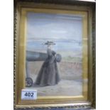 19th Century watercolour "Lady Beside Cannon View In Sailship" in a gilt frame