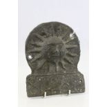 Lead fire plaque with Sun design and numbered 87288