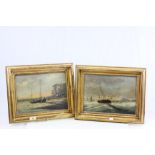 Gilt framed pair of Oils on board of Sailing ships