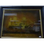 Picture of a 19th Century marine scene in ebonized frame, inscribed H.M.War Steam Frigate. The