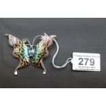 Large silver plique a jour and aquamarine butterfly brooch