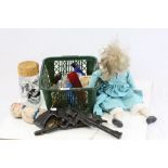 Box of mixed collectables to include dolls, oil bottle, manicure set etc