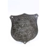 Lead Fire Plaque, shield shaped and marked London & Lancashire Fire