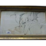 A framed pencil and wash of a mystical figure and nude female, signed
